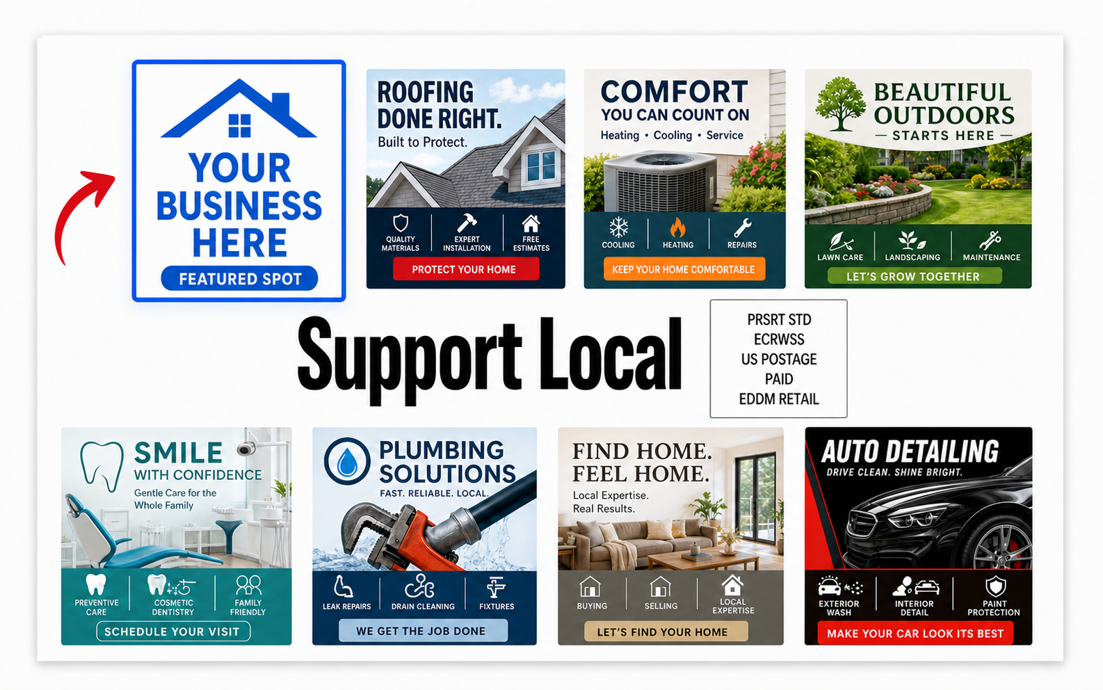 Example shared postcard with your business in the blue Featured spot